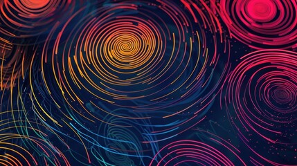Colorful swirls and circles on dark background with red, blue, and yellow color scheme for artistic abstract background design