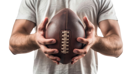 Football player in both hands holding ball on transparent background