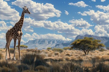 Obraz premium Giraffe standing in field with mountains in background, serene wildlife scene in natural landscape
