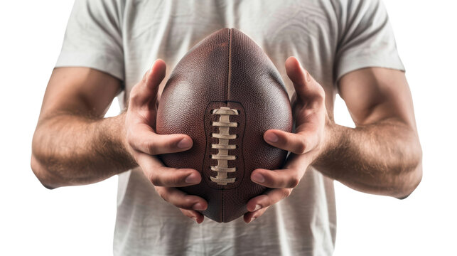 Football player in both hands holding ball on transparent background