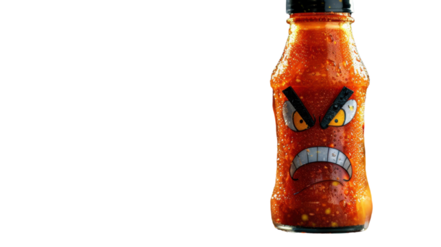 Hot sauce bottle character angry face on transparent background