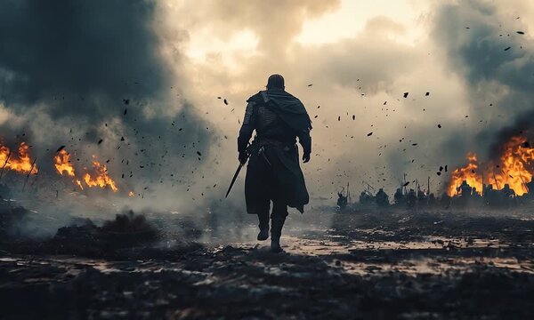 Lone warrior walking through battlefield amidst fire and smoke with ai generated.
