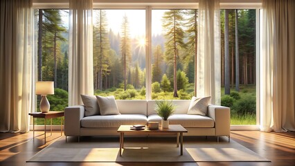Fototapeta premium Living Room with Forest View and Sunlight.