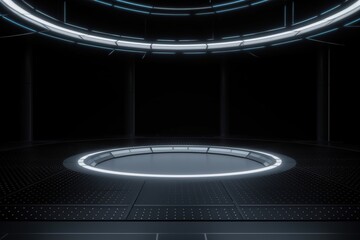 Futuristic black circular platform with glowing lights.