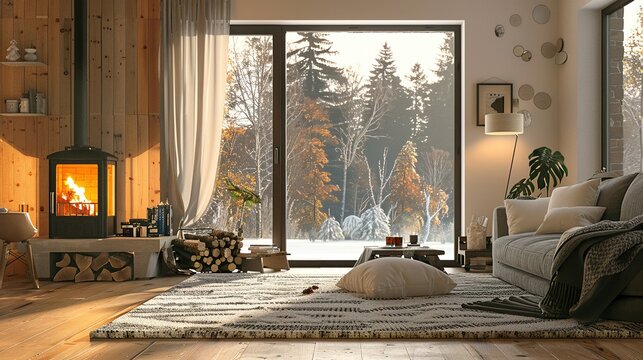 Cozy Living Room with Fireplace and Wintery View