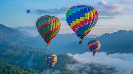 Fototapeta premium Colorful Hot Air Balloons Soaring Above Misty Mountains