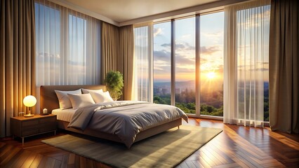 Modern Bedroom with City Skyline View.