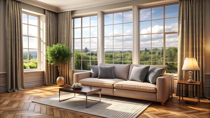 Modern Living Room with Large Windows and Natural Light.
