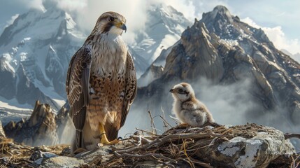 Eagle and chick in nest with majestic mountain backdrop