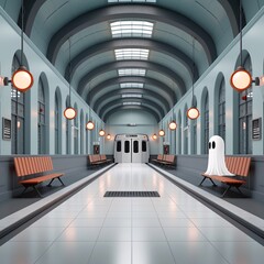 Obraz premium Eerie Abandoned Train Station with Vintage Props and Ghostly Projections - Flat Design Illustration