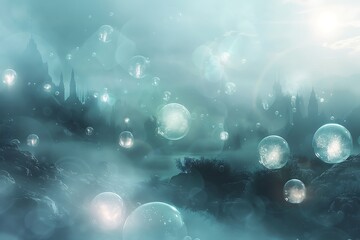 Soft, luminescent bubbles drifting through a foggy, mystical landscape.