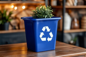 Small potted plant in a blue recycling themed pot symbolizing growth renewal and eco friendly practices in a modern indoor setting