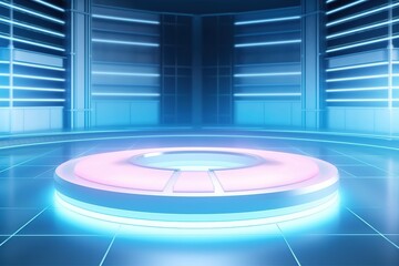 Futuristic blue and pink podium with neon lights.
