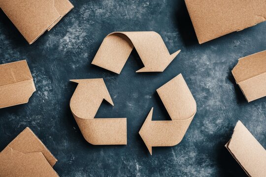 Cardboard boxes arranged in a recycling symbol pattern on a textured dark background emphasizing eco friendly packaging and sustainable practices