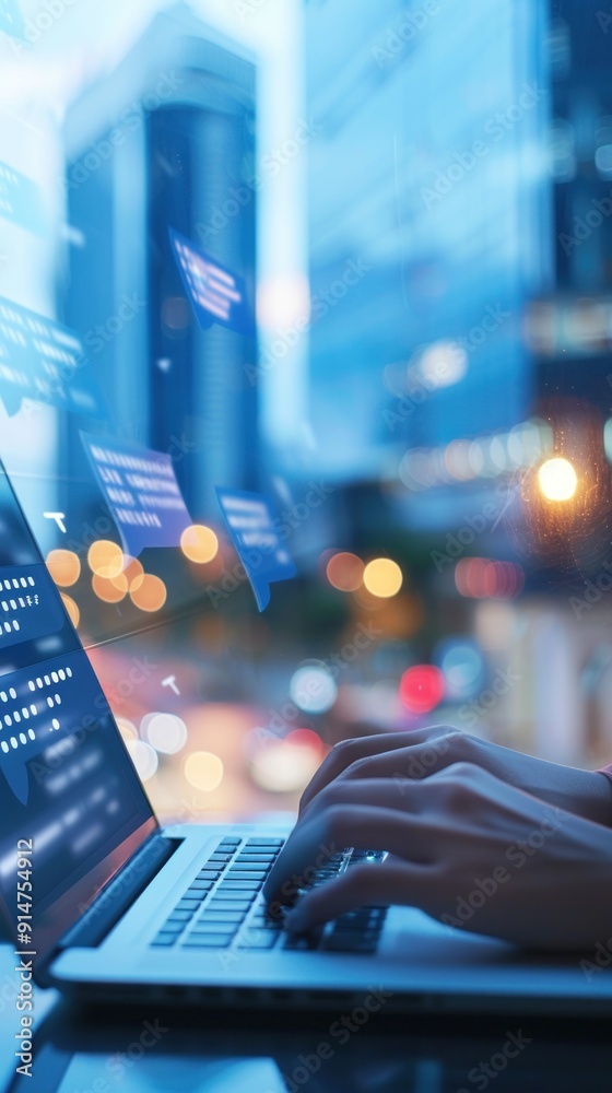 Canvas Prints Hands typing on laptop with city lights in background.