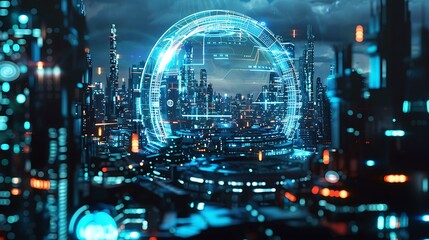 Obraz premium Futuristic Cityscape with Digital Interface