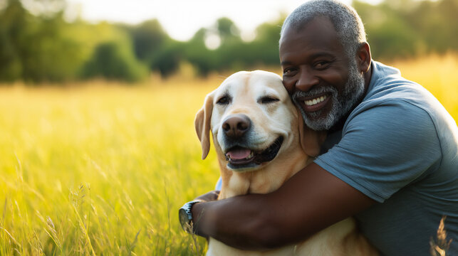 African-American man hugging his senior yellow Labrador Retriever dog while walking in park, pet and owner bond concept, copy space