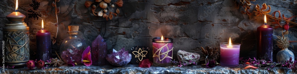 Wall mural Objects of Wiccan ritual on a stone altar candles crystals potion bottle pentagram