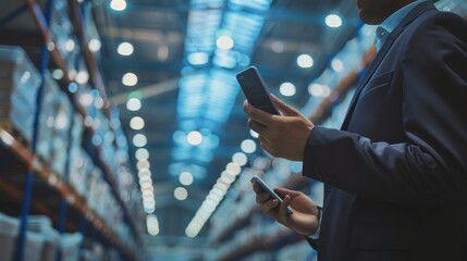 Businessman in Warehouse Using Mobile Devices