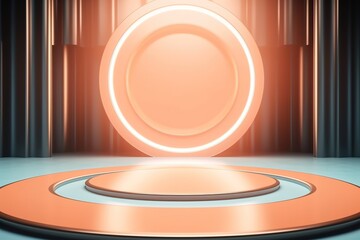 Fototapeta premium Abstract Orange Platform with Circular Light and Metallic Background.
