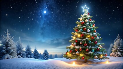 Obraz premium Christmas Tree in a Snowy Forest at Night.