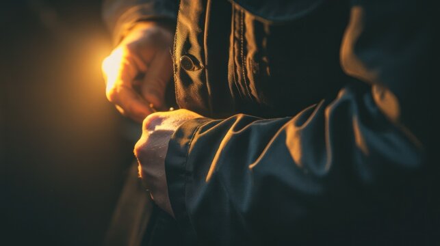Close-up of a person's hands adjusting a jacket in warm light.