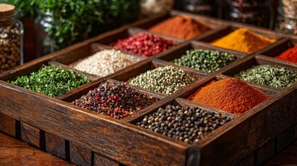 Assorted Spices in Wooden Box on Rustic Table