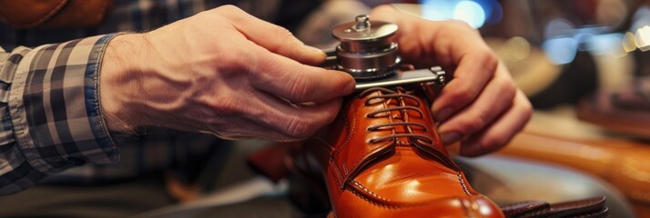 Closeup of a Cobbler Working on a Leather Shoe.