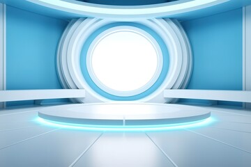 Futuristic blue and white platform with glowing blue light.