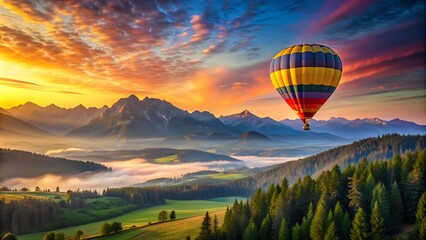 Fototapeta premium Hot Air Balloon Over Majestic Mountain Range at Sunrise.