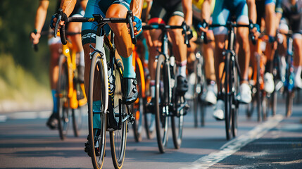 Close-up of a group of cyclists with professional racing sports gear riding on an open road cycling route
