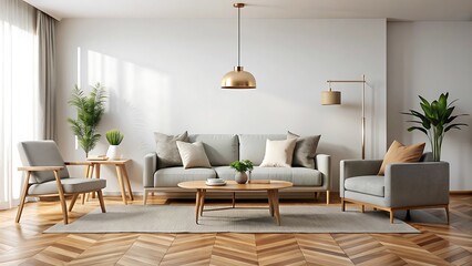 Modern living room interior with gray sofa and wooden floor.