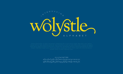 Wolystle swash luxury elegant alphabet letters and numbers. Vintage wedding typography classic serif font decorative vintage retro. creative vector illustration