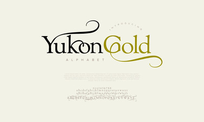 Yukongold swash luxury elegant alphabet letters and numbers. Vintage wedding typography classic serif font decorative vintage retro. creative vector illustration