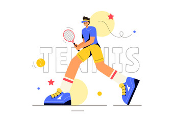 Vector Illustration of a Tennis Player Holding a Racket with a Ball on the Court During a Sports Match in Flat Cartoon Style Background
