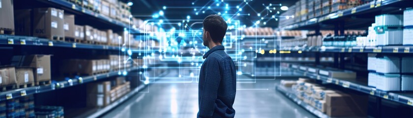 Man Standing in Supermarket Aisle with Futuristic Technology Overlay.