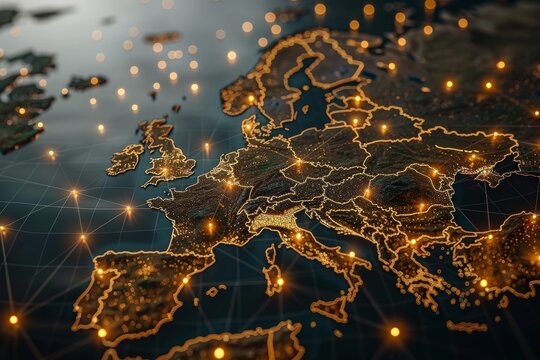 Dynamic world map  western europe focus for ai global connectivity   big data transfer