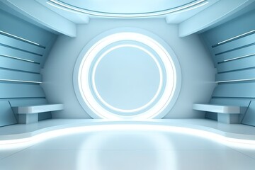 Futuristic blue and white room with circular light and curved platform.