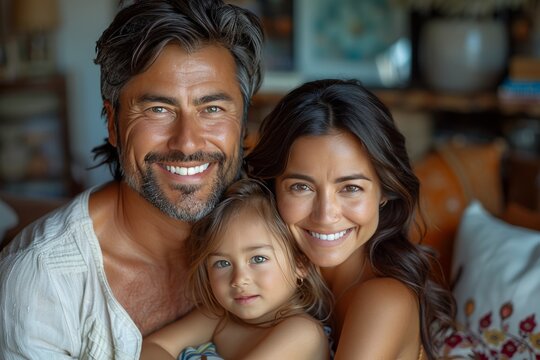 Family portrait bonding in living room on father s day   playful mom, dad, daughter at home