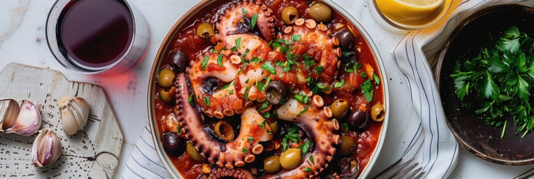 Braised Octopus Stew in Tomato Sauce with Garlic Olives Italian Style Polipetti Affogati alla Luciana