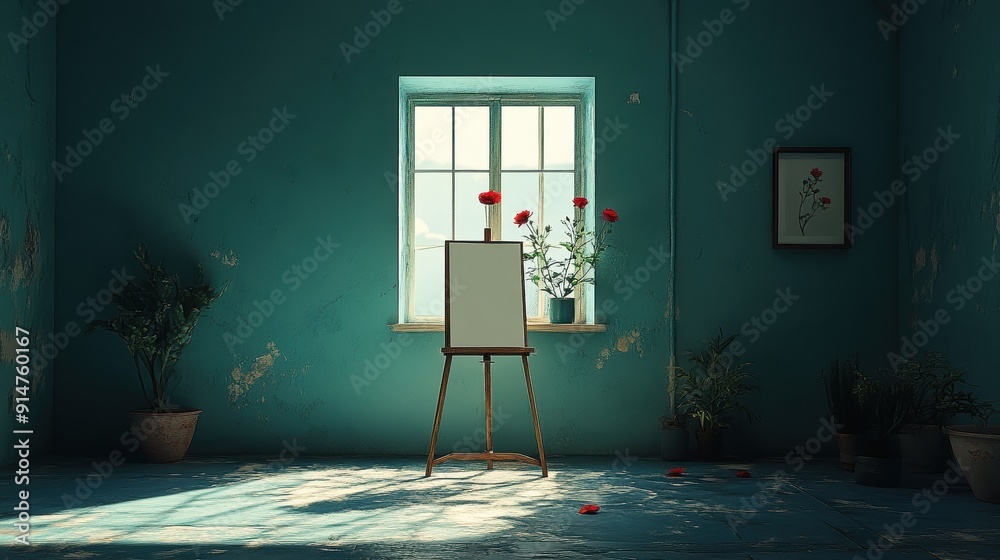 Wall mural Art Studio with Blank Canvas and Plants