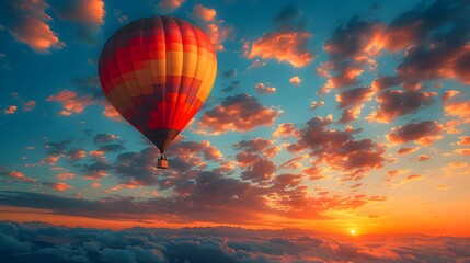 Obraz premium Vibrant and Whimsical Hot Air Balloon Soaring Through Colorful Clouds at Sunset