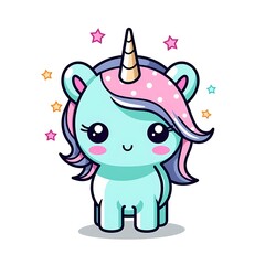 Naklejka premium Cute Cartoon Unicorn With Pink and Blue Mane and Horn Against White Background