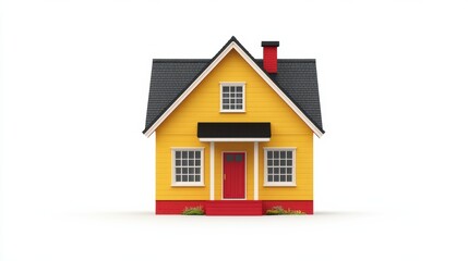 Colorful Yellow House with Red Door and Chimney