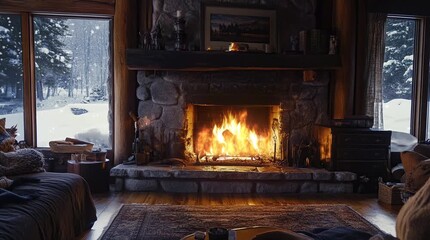 Block fireplace in a cozy cabin room, providing warmth and ambiance in a rustic interior setting
  Seamless looping 4k time-lapse virtual video animation Generated AI - Powered by Adobe