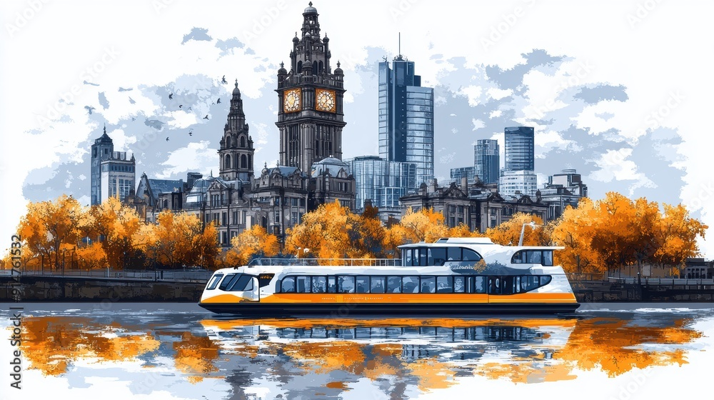 Sticker Modern Cityscape with Boat on River and Autumn Trees