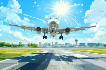 Airplane Landing on Runway with Sunny Sky and City View.