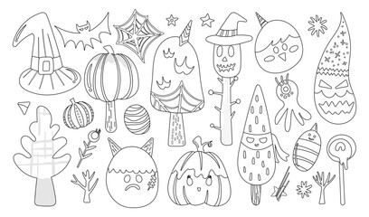 Set of isolated Halloween decoration elements in cute doodle hand-drawn graphic illustration style on transparent background, Volume 8: Black outline