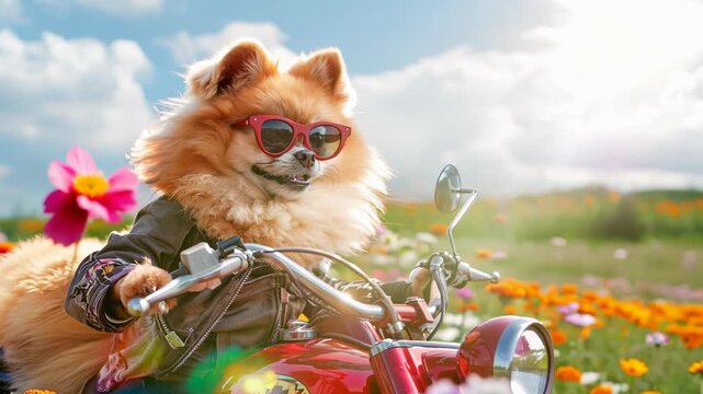 Medium shot: Pomeranian dog rides motorcycle through vibrant wildflower meadow. Gentle breeze ruffles fur. Sunlight creates dreamy lens flares, enhancing idyllic scene.	