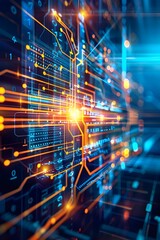 Abstract Technology Background with Digital Circuitry and Glowing Lights.